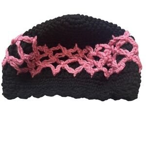 Handmade Knitted Beanie Adult Size Black & Pink